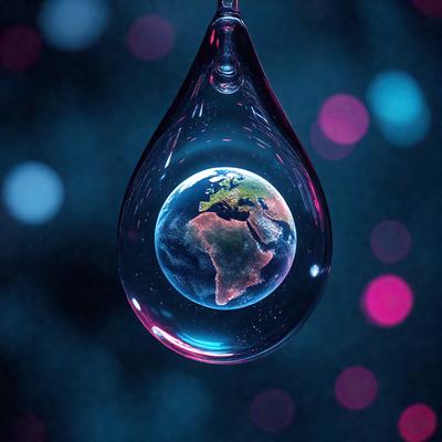 The primary subject of the image is a glass globe containing a blue liquid, which is a representation of the Earth. The setting is a dark background, and the visual style is a combination of a photo and digital art. The colors and mood of the image are predominantly blue, creating a serene and calming atmosphere.